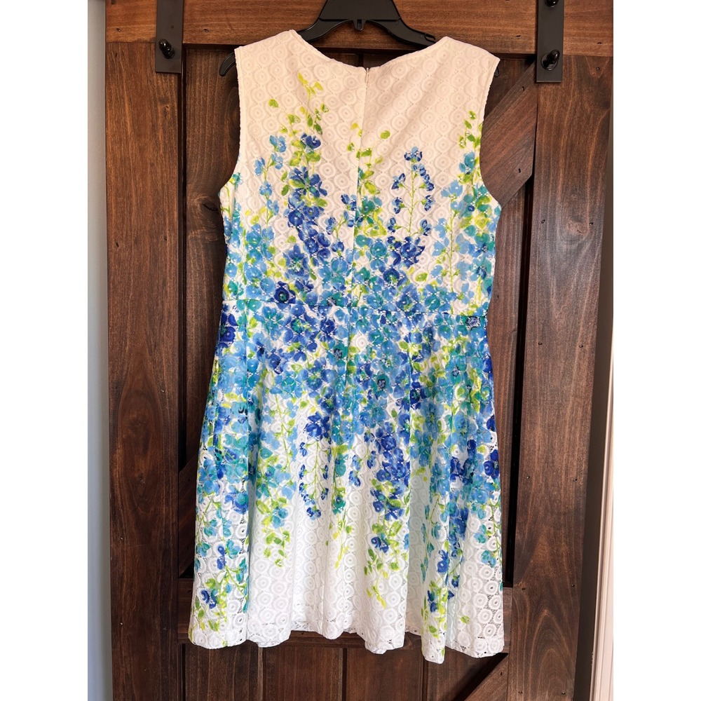 Studio One New York Blue Green‎ Floral Eyelet Lace Fit Flare Dress Womens 14P - Picture 3 of 11